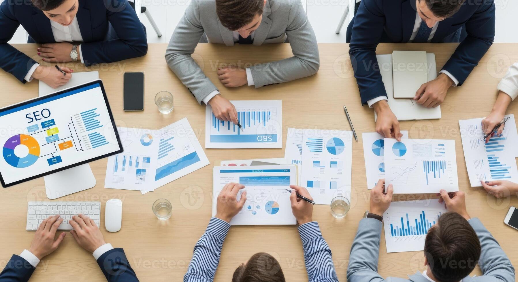 Professional business meeting with reports and charts