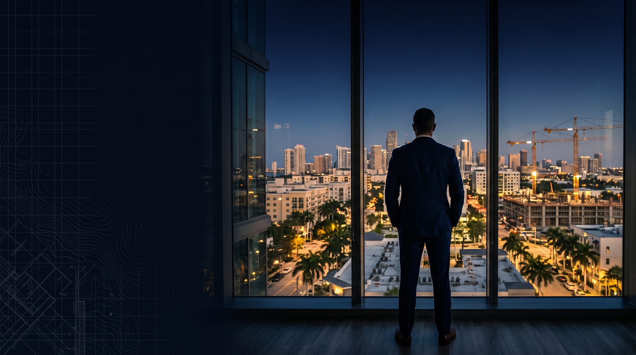 An advisor looking out over a Florida city at dusk from a high-rise window